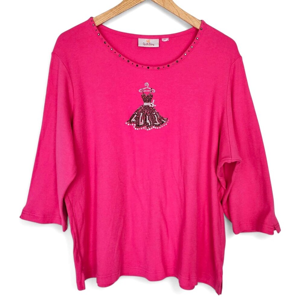 Quacker Factory Pink Cotton Top Size‎ 1X Princess Dancer Dress Rhinestones Studs